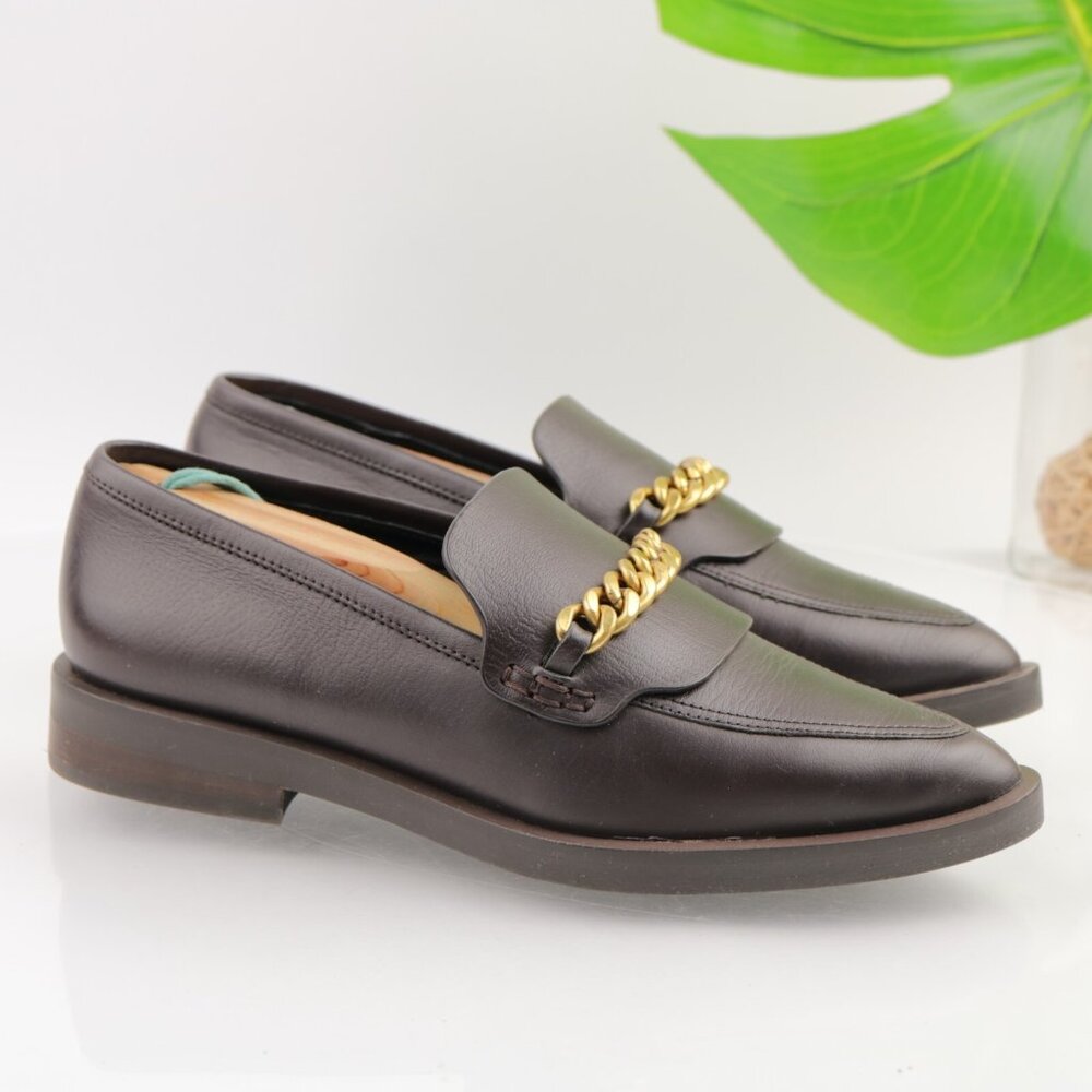 Rebecca Minkoff Womens Pacey Loafer Size 7.5  Brown Leather Gold Chain Flat Shoe